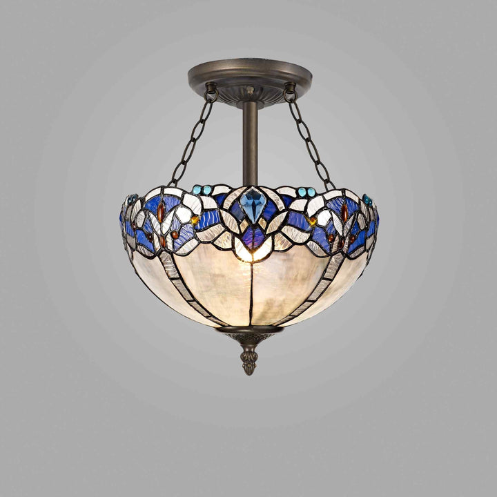 Nelson Lighting NLK01509 Ossie 3 Light Semi Ceiling With 30cm Tiffany Shade Blue/Aged Antique Brass