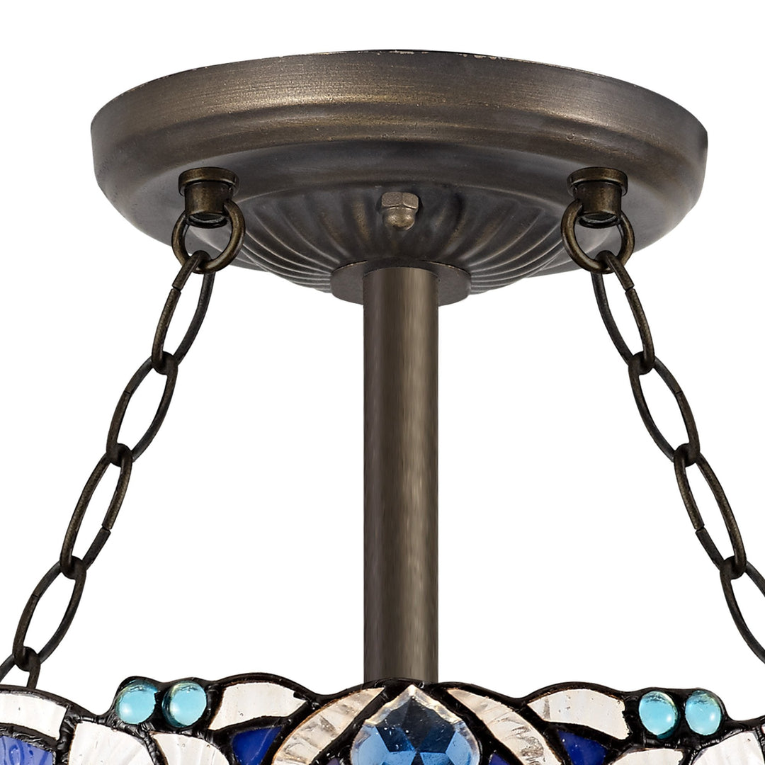 Nelson Lighting NLK01509 Ossie 3 Light Semi Ceiling With 30cm Tiffany Shade Blue/Aged Antique Brass