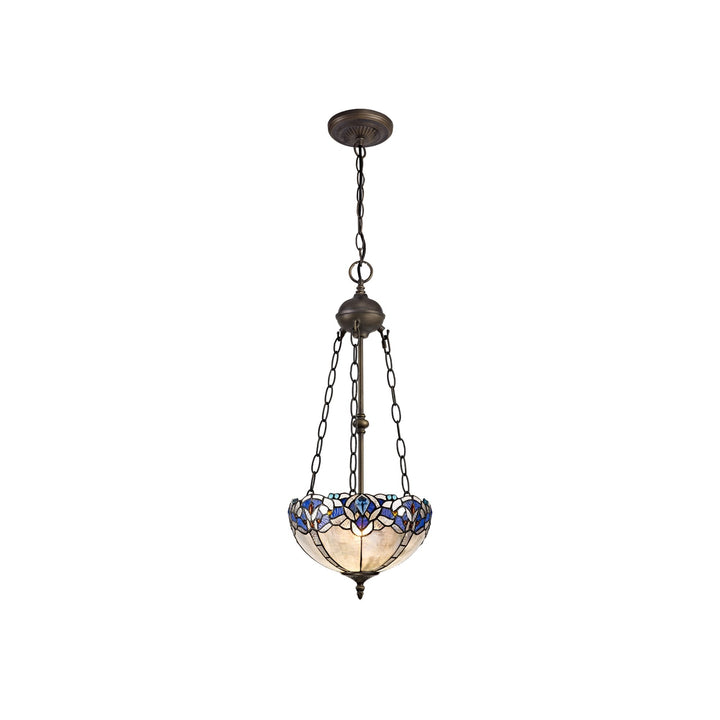 Nelson Lighting NLK01519 Ossie 2 Light Up Lighter Pendant With 30cm Tiffany Shade Blue/Aged Antique Brass