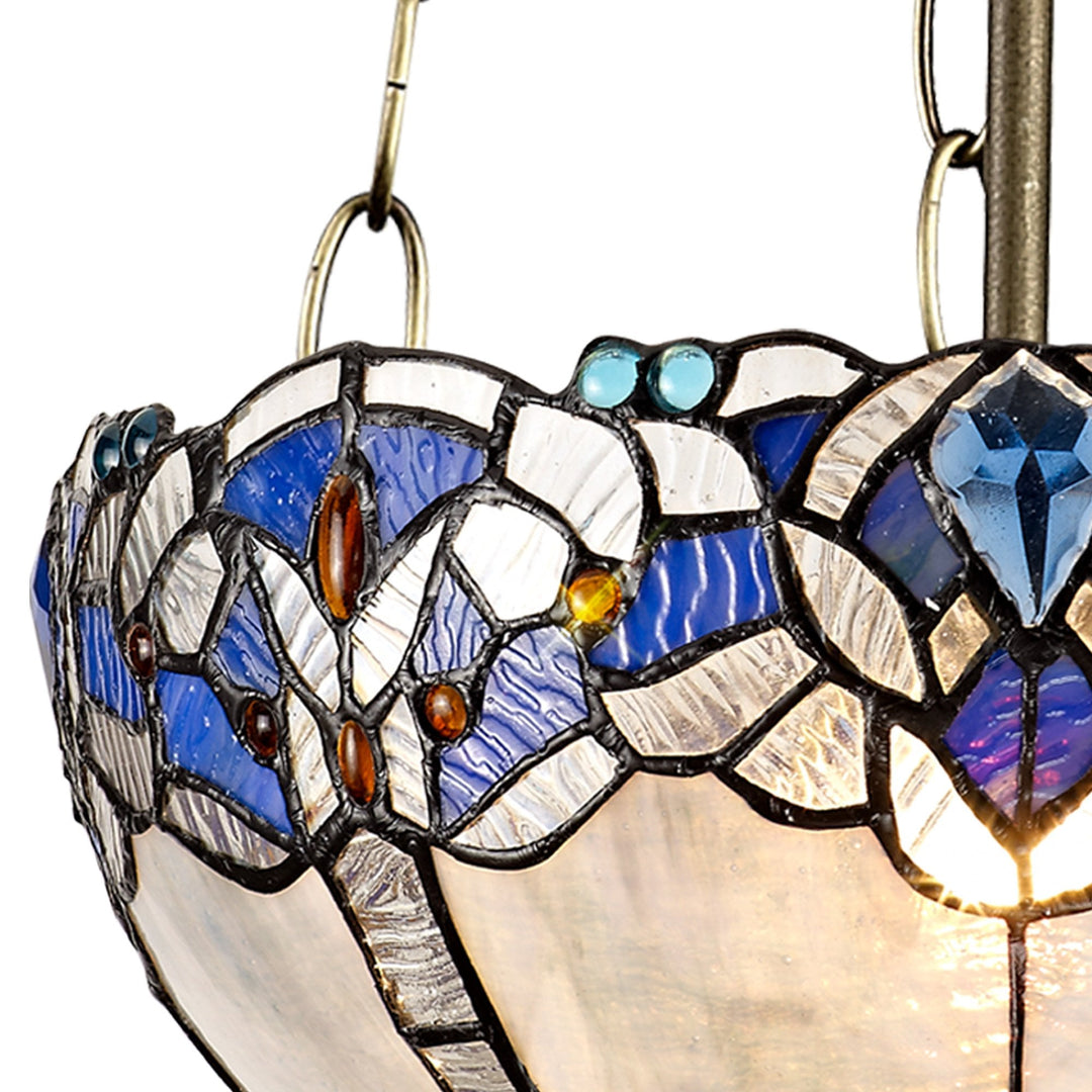 Nelson Lighting NLK01529 Ossie 3 Light Up Lighter Pendant With 30cm Tiffany Shade Blue/Aged Antique Brass