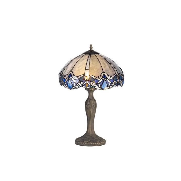 Nelson Lighting NLK01549 Ossie 2 Light Curved Table Lamp With 40cm Tiffany Shade Blue/Aged Antique Brass