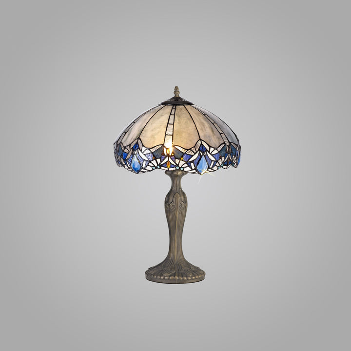 Nelson Lighting NLK01549 Ossie 2 Light Curved Table Lamp With 40cm Tiffany Shade Blue/Aged Antique Brass