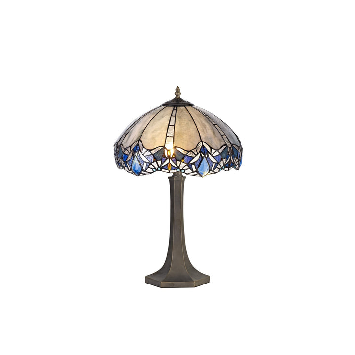 Nelson Lighting NLK01559 Ossie 2 Light Octagonal Table Lamp With 40cm Tiffany Shade Blue/Aged Antique Brass