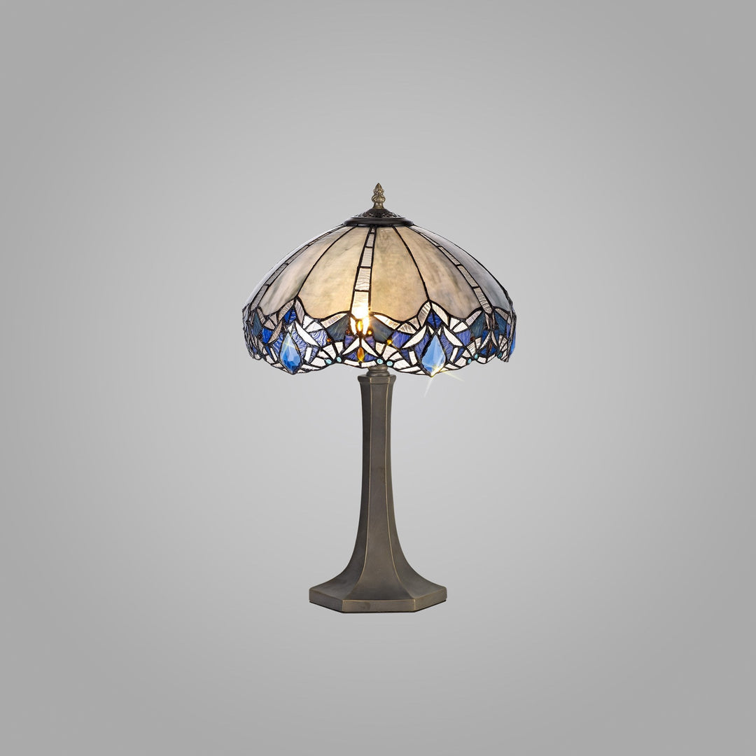 Nelson Lighting NLK01559 Ossie 2 Light Octagonal Table Lamp With 40cm Tiffany Shade Blue/Aged Antique Brass