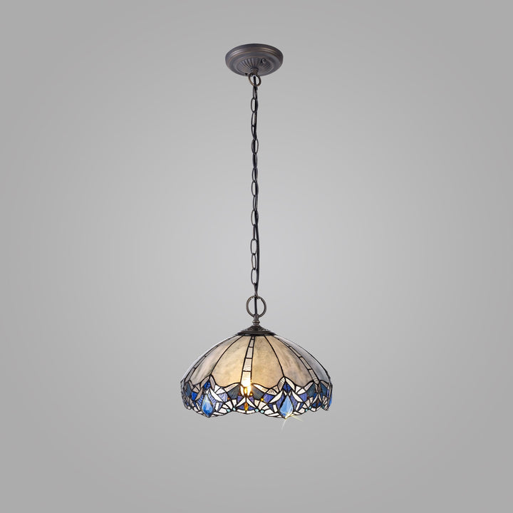 Nelson Lighting NLK01579 Ossie 2 Light Down Light Pendant With 40cm Tiffany Shade Blue/Aged Antique Brass