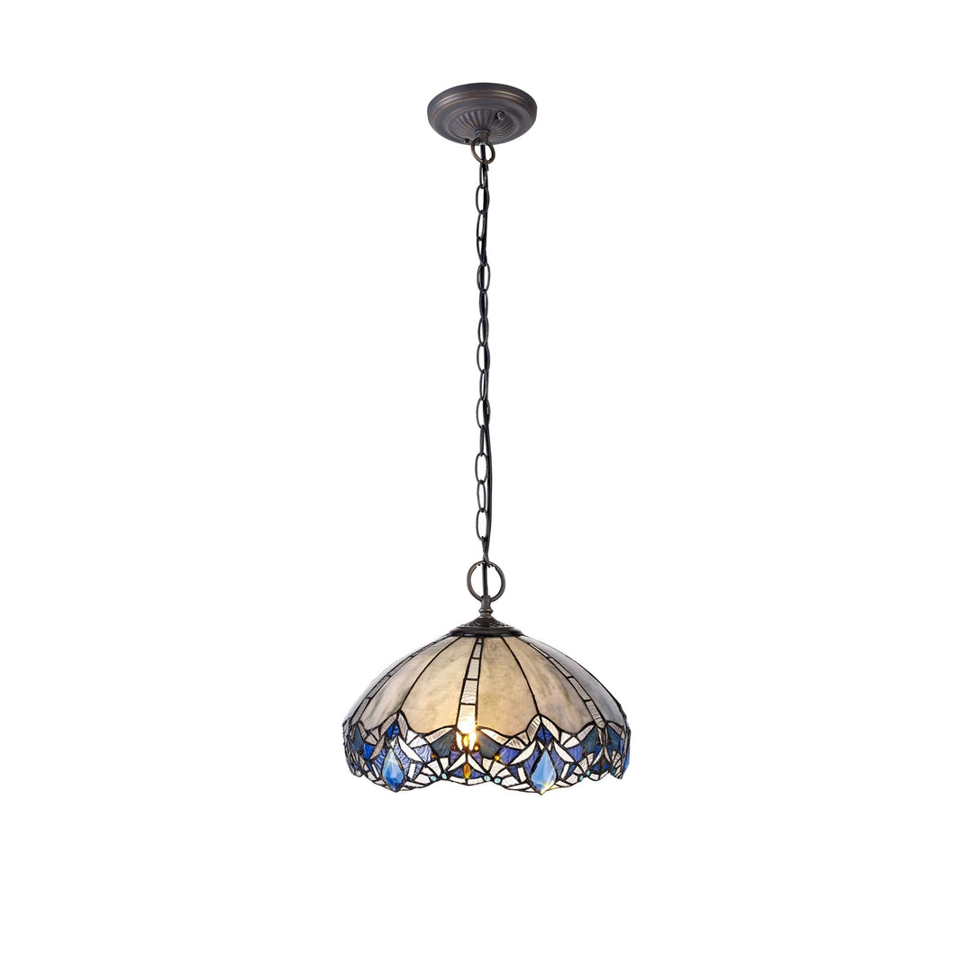 Nelson Lighting NLK01579 Ossie 2 Light Down Light Pendant With 40cm Tiffany Shade Blue/Aged Antique Brass