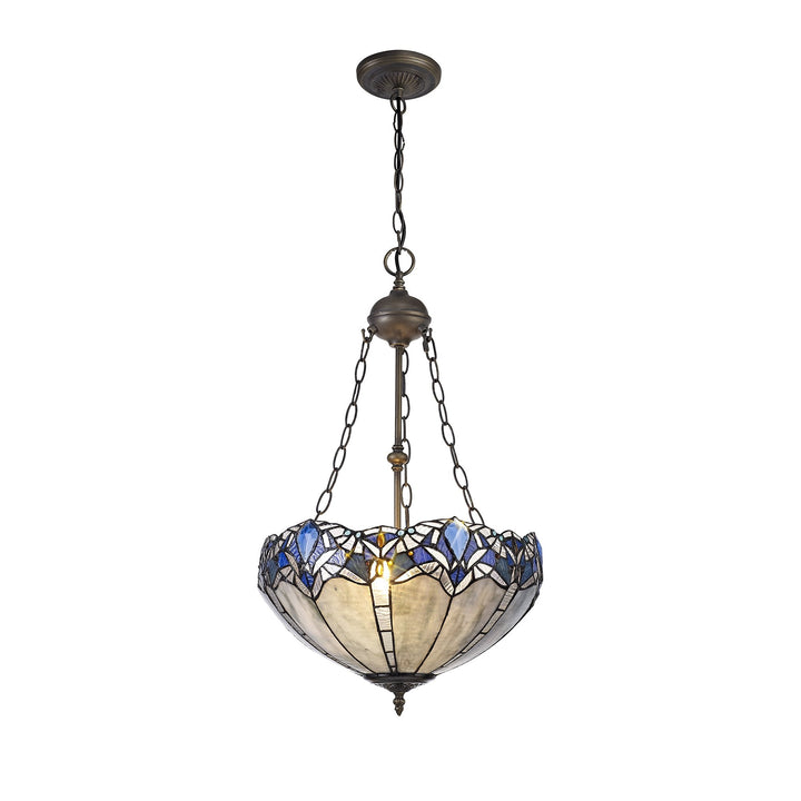 Nelson Lighting NLK01609 Ossie 2 Light Up Lighter Pendant With 40cm Tiffany Shade Blue/Aged Antique Brass