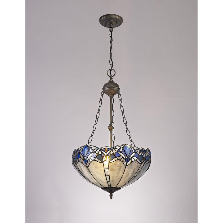 Nelson Lighting NLK01609 Ossie 2 Light Up Lighter Pendant With 40cm Tiffany Shade Blue/Aged Antique Brass