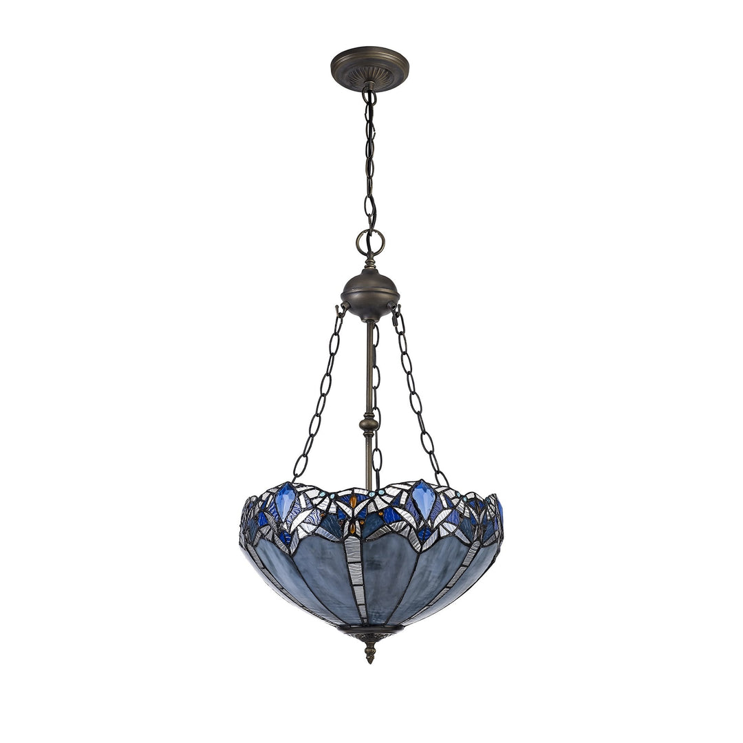 Nelson Lighting NLK01609 Ossie 2 Light Up Lighter Pendant With 40cm Tiffany Shade Blue/Aged Antique Brass