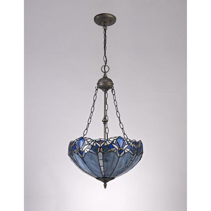 Nelson Lighting NLK01609 Ossie 2 Light Up Lighter Pendant With 40cm Tiffany Shade Blue/Aged Antique Brass