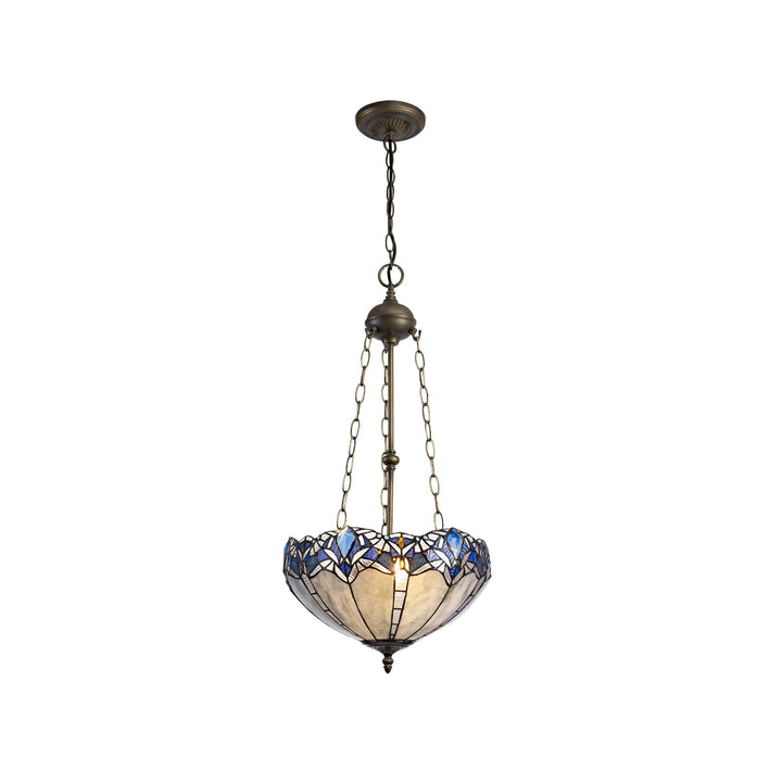 Nelson Lighting NLK01619 Ossie 3 Light Up Lighter Pendant With 40cm Tiffany Shade Blue/Aged Antique Brass