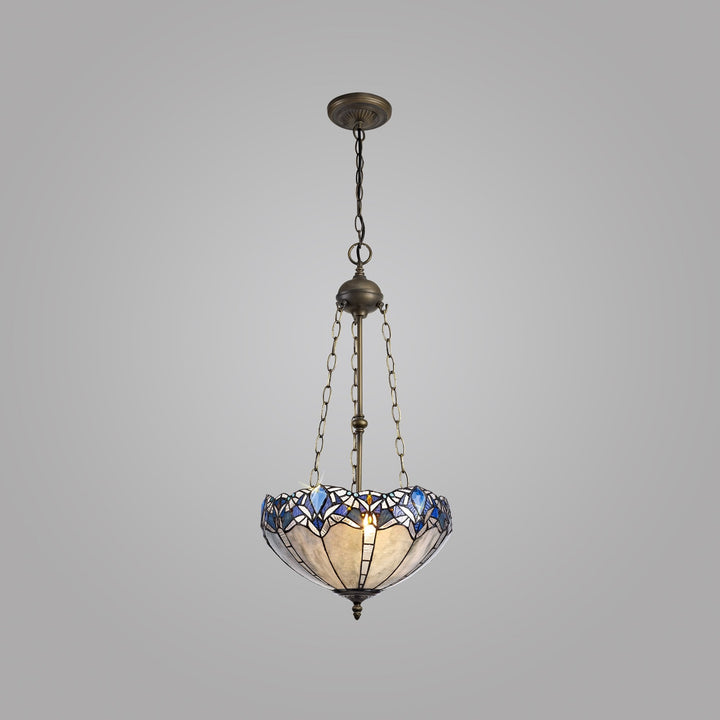 Nelson Lighting NLK01619 Ossie 3 Light Up Lighter Pendant With 40cm Tiffany Shade Blue/Aged Antique Brass