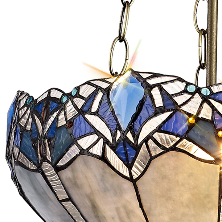 Nelson Lighting NLK01619 Ossie 3 Light Up Lighter Pendant With 40cm Tiffany Shade Blue/Aged Antique Brass