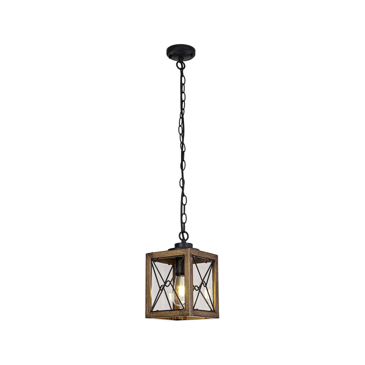 Nelson Lighting NL83739 Rowley Outdoor Pendant Wood Effect & Black/Clear Glass