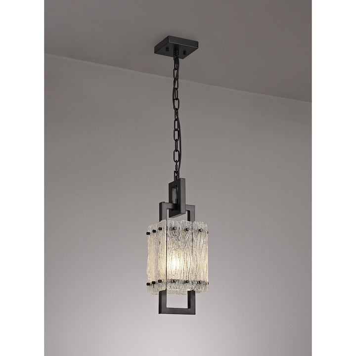 Nelson Lighting NL76839 Sorrel Small Square Pendant 1 Light Matt Black/Crystal Sand Glass