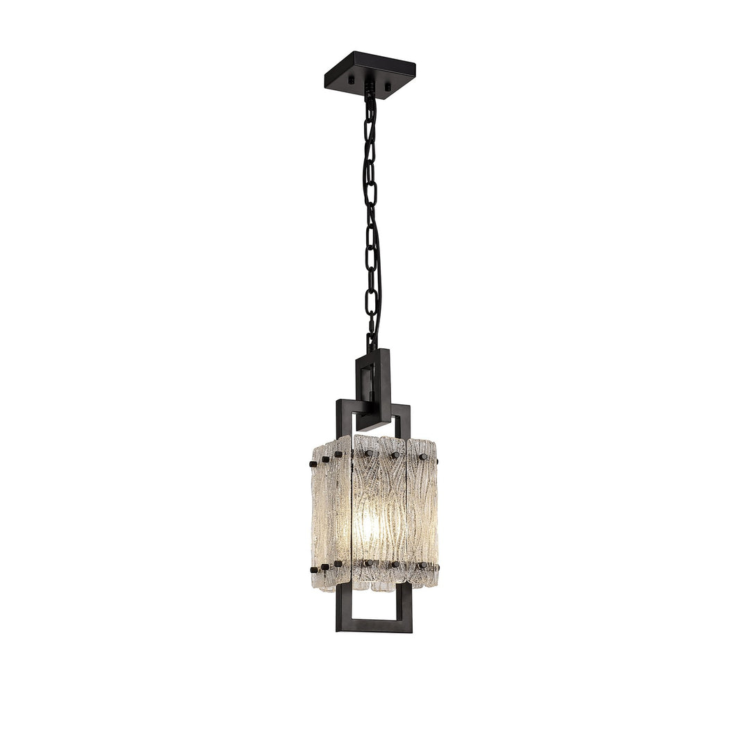 Nelson Lighting NL76839 Sorrel Small Square Pendant 1 Light Matt Black/Crystal Sand Glass