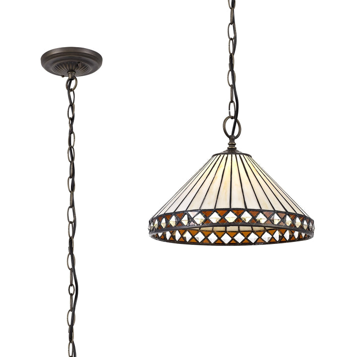 Nelson Lighting NLK02209 Tink 1 Light Down Lighter Pendant With 30cm Tiffany Shade Amber/Chrome/Antique Brass