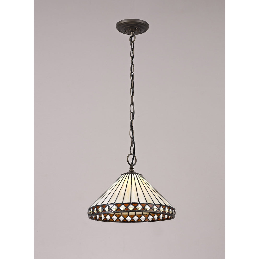 Nelson Lighting NLK02209 Tink 1 Light Down Lighter Pendant With 30cm Tiffany Shade Amber/Chrome/Antique Brass