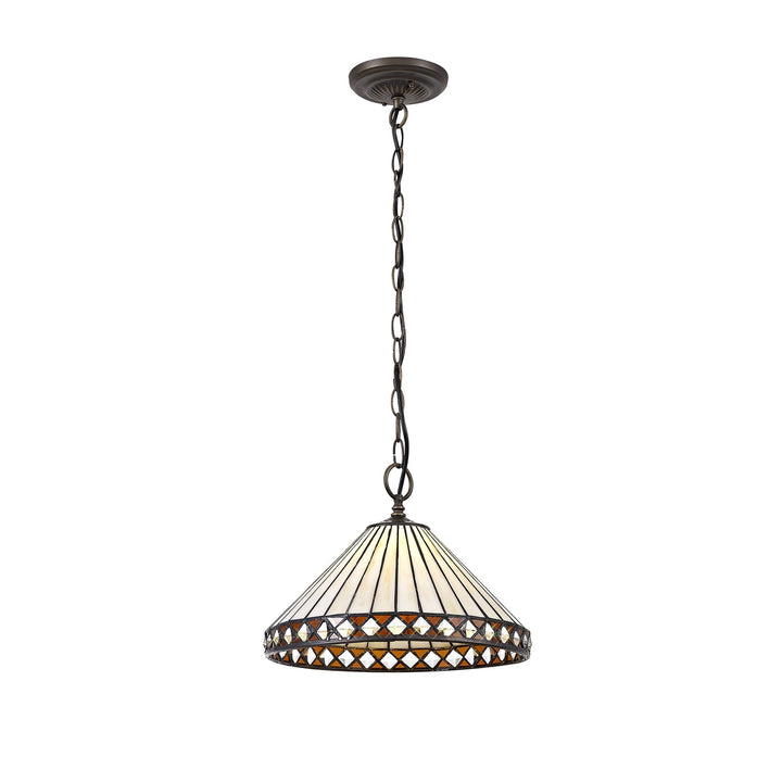 Nelson Lighting NLK02209 Tink 1 Light Down Lighter Pendant With 30cm Tiffany Shade Amber/Chrome/Antique Brass