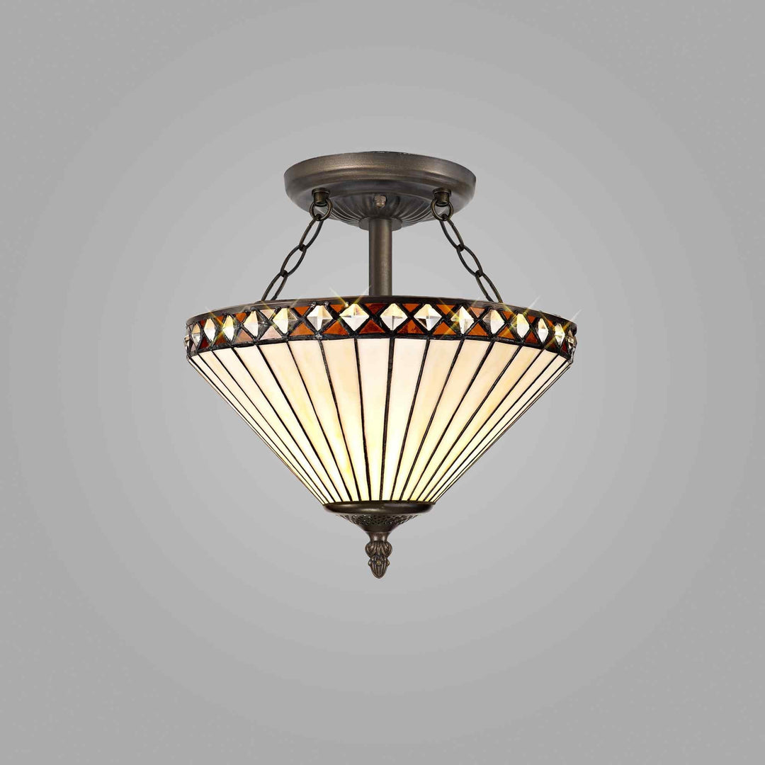 Nelson Lighting NLK02239 Tink 2 Light Semi Ceiling With 30cm Tiffany Shade Amber/Chrome/Antique Brass