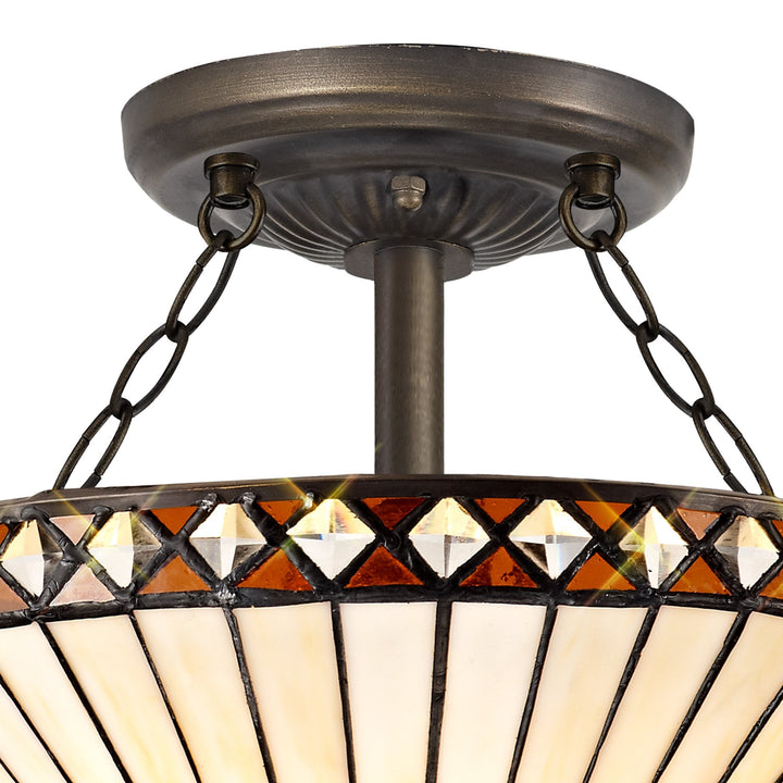 Nelson Lighting NLK02239 Tink 2 Light Semi Ceiling With 30cm Tiffany Shade Amber/Chrome/Antique Brass