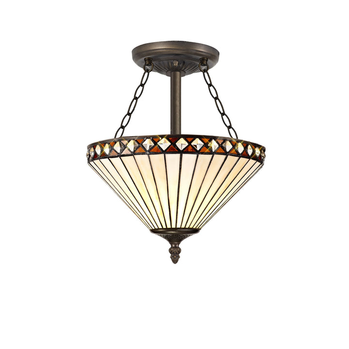 Nelson Lighting NLK02249 Tink 3 Light Semi Ceiling With 30cm Tiffany Shade Amber/Chrome/Antique Brass