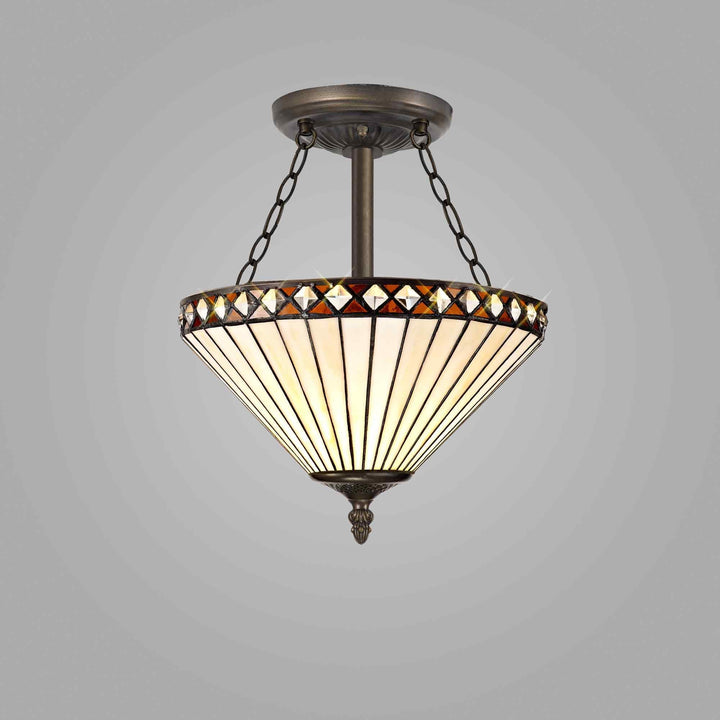 Nelson Lighting NLK02249 Tink 3 Light Semi Ceiling With 30cm Tiffany Shade Amber/Chrome/Antique Brass