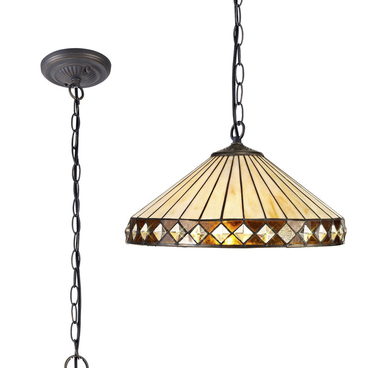 Nelson Lighting NLK02309 Tink 1 Light Down Lighter Pendant With 40cm Tiffany Shade Amber/Chrome/Antique Brass