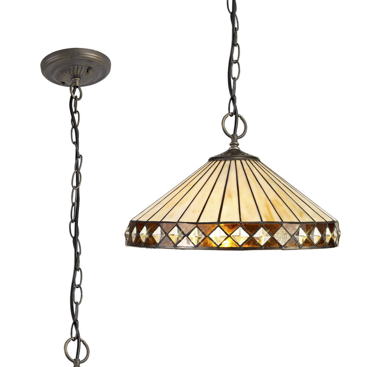 Nelson Lighting NLK02329 Tink 3 Light Down Lighter Pendant With 40cm Tiffany Shade Amber/Chrome/Antique Brass