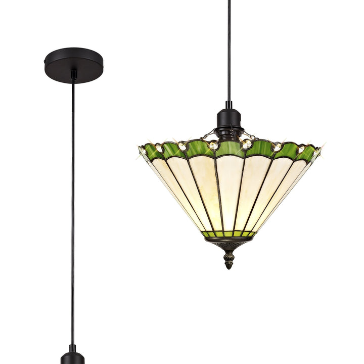 Nelson Lighting NLK02389 Umbrian 1 Light Up Lighter Pendant With 30cm Tiffany Shade Green/Chrome/Crystal/Black