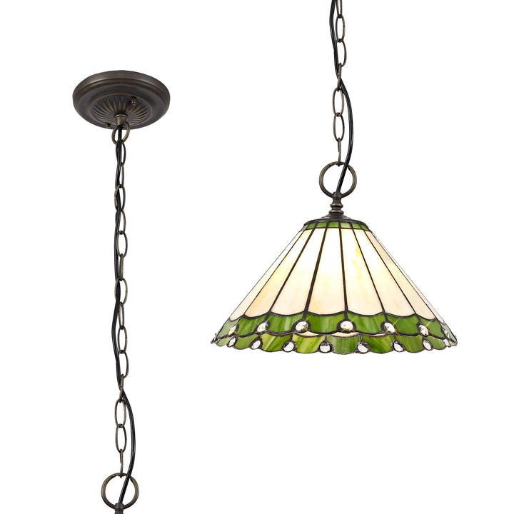 Nelson Lighting NLK02429 Umbrian 1 Light Down Lighter Pendant With 30cm Tiffany Shade Green/Chrome/Crystal/Brass