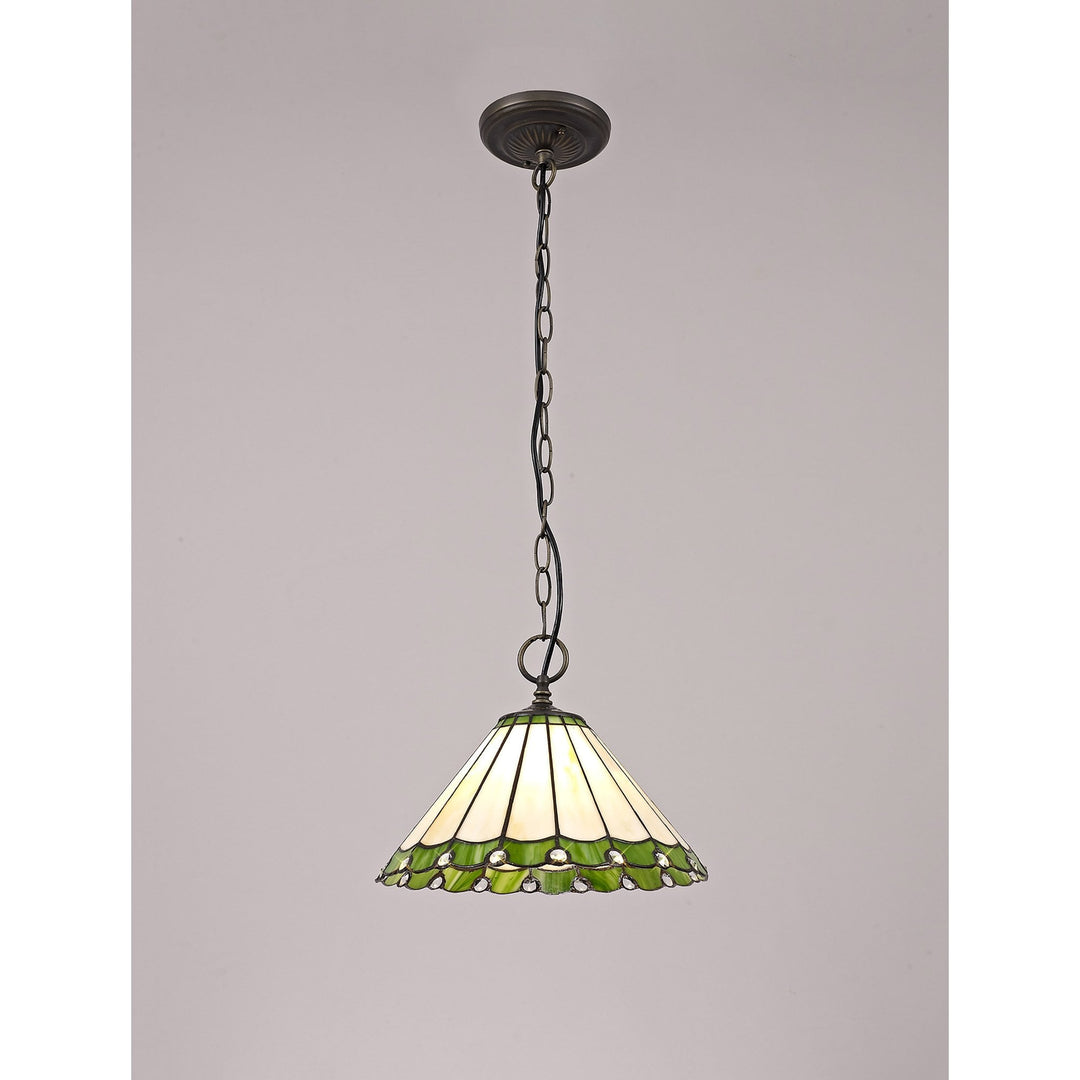 Nelson Lighting NLK02429 Umbrian 1 Light Down Lighter Pendant With 30cm Tiffany Shade Green/Chrome/Crystal/Brass