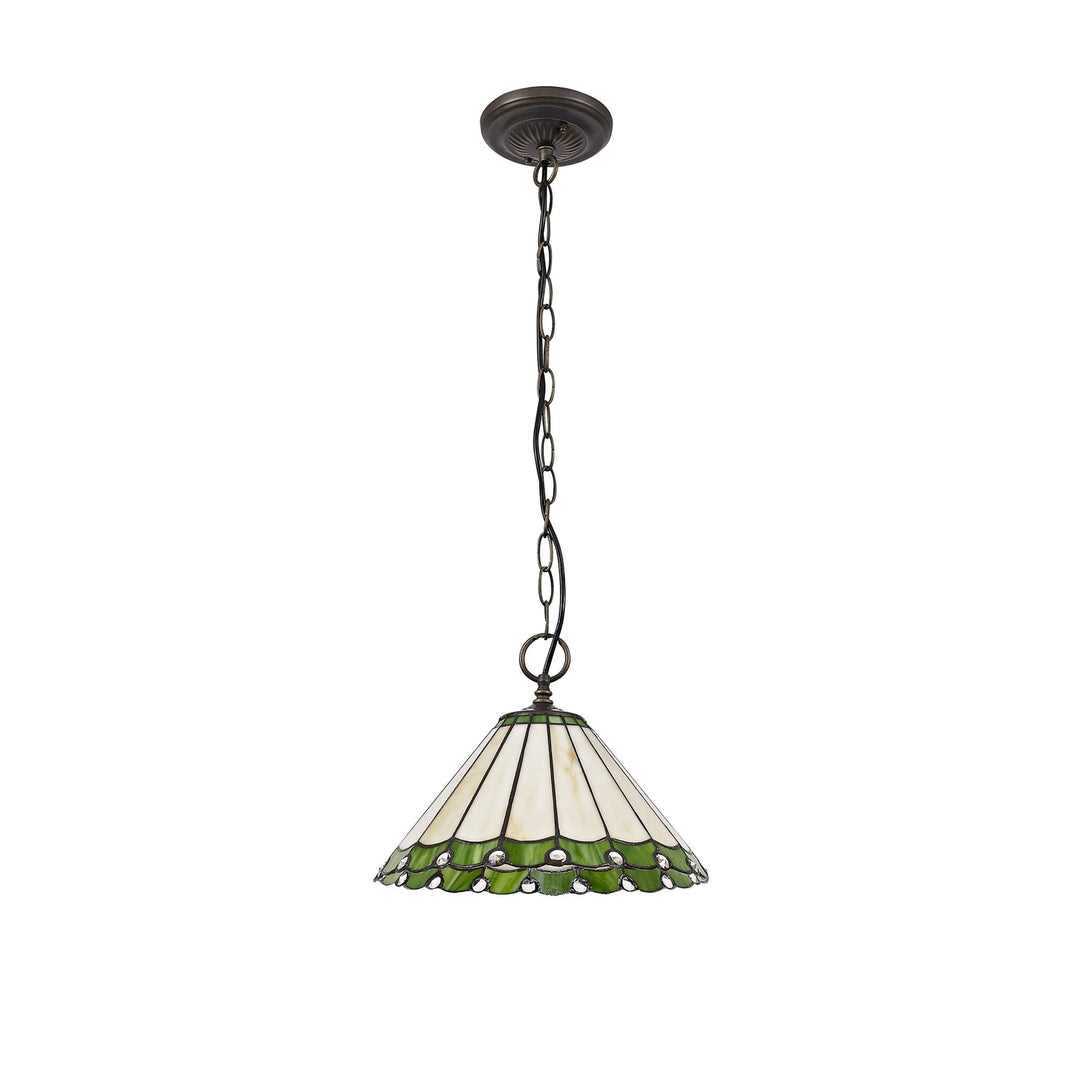 Nelson Lighting NLK02429 Umbrian 1 Light Down Lighter Pendant With 30cm Tiffany Shade Green/Chrome/Crystal/Brass