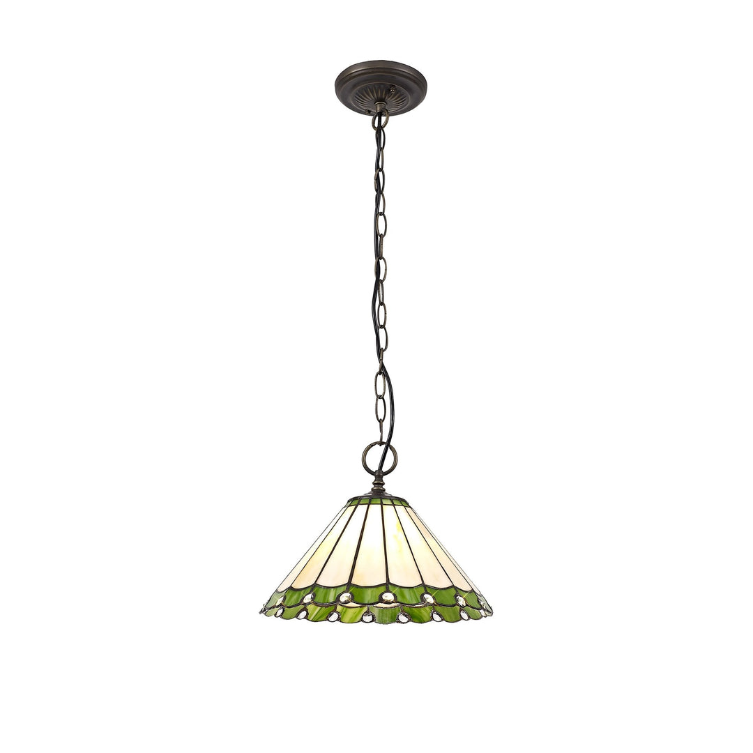 Nelson Lighting NLK02429 Umbrian 1 Light Down Lighter Pendant With 30cm Tiffany Shade Green/Chrome/Crystal/Brass