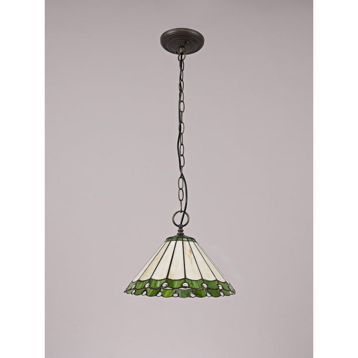 Nelson Lighting NLK02429 Umbrian 1 Light Down Lighter Pendant With 30cm Tiffany Shade Green/Chrome/Crystal/Brass