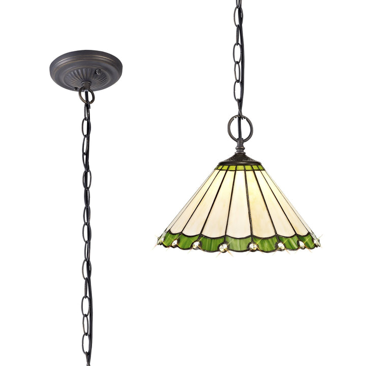 Nelson Lighting NLK02439 Umbrian 2 Light Down Lighter Pendant With 30cm Tiffany Shade Green/Chrome/Crystal/Brass