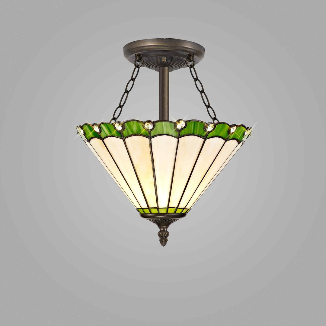 Nelson Lighting NLK02469 Umbrian 3 Light Semi Ceiling With 30cm Tiffany Shade Green/Chrome/Antique Brass