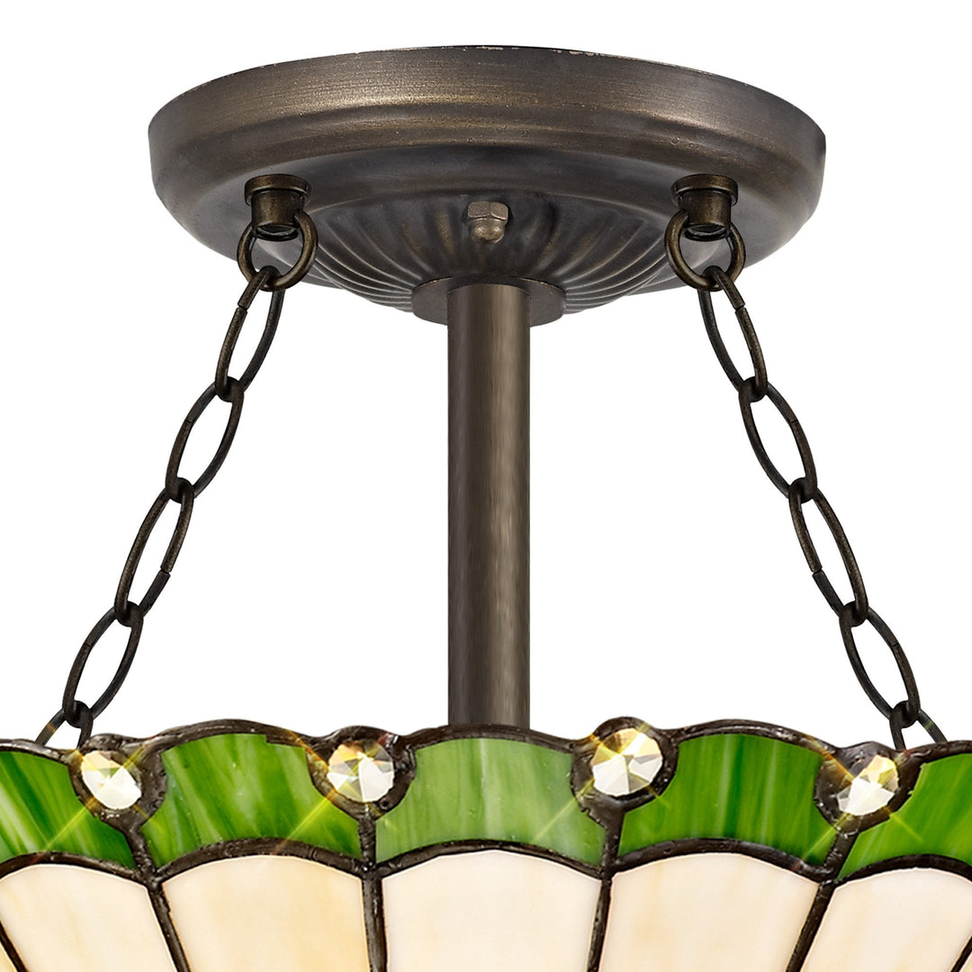 Nelson Lighting NLK02469 Umbrian 3 Light Semi Ceiling With 30cm Tiffany Shade Green/Chrome/Antique Brass