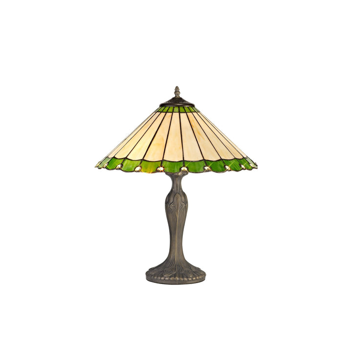 Nelson Lighting NLK02509 Umbrian 2 Light Curved Table Lamp With 40cm Tiffany Shade Green/Chrome/Antique Brass