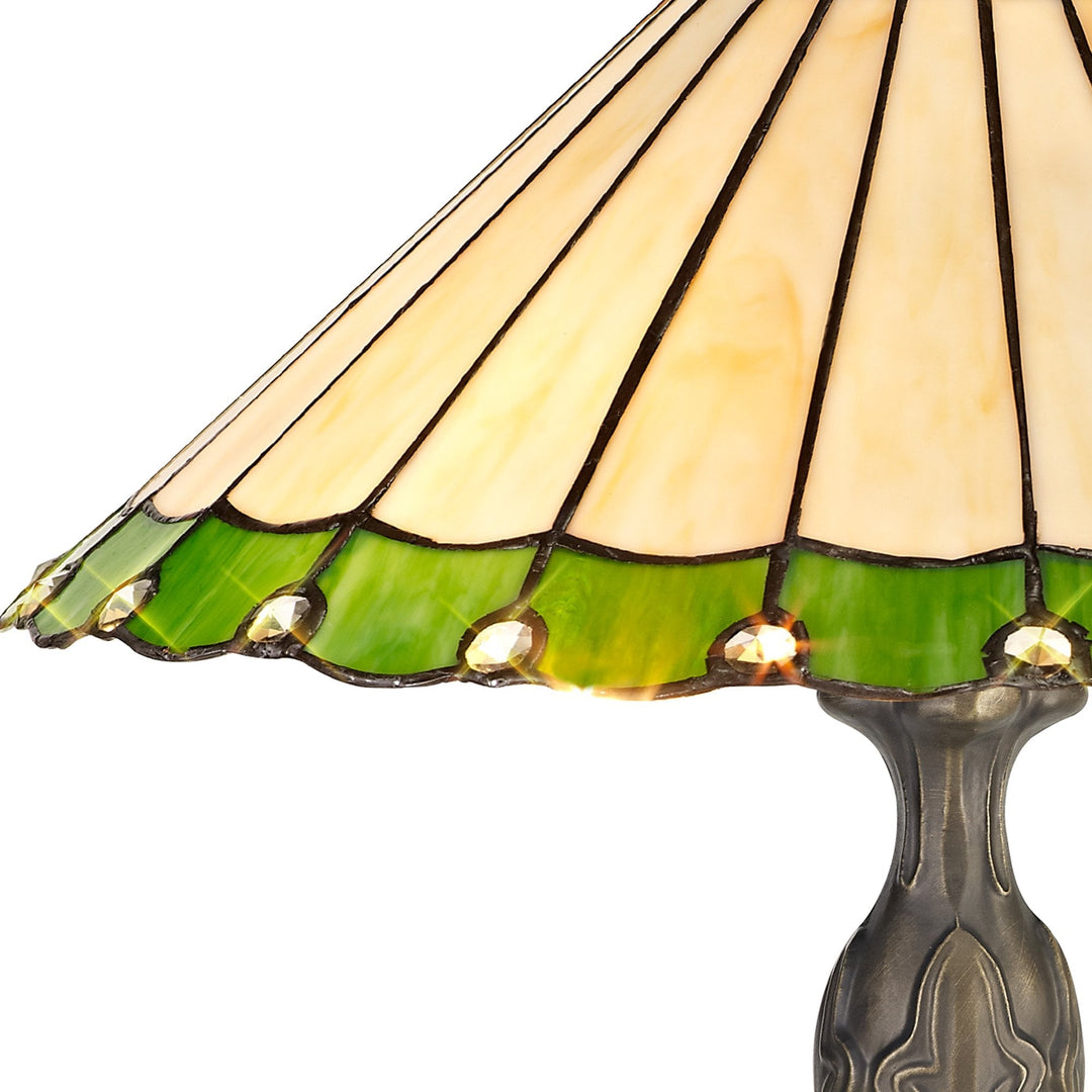 Nelson Lighting NLK02509 Umbrian 2 Light Curved Table Lamp With 40cm Tiffany Shade Green/Chrome/Antique Brass