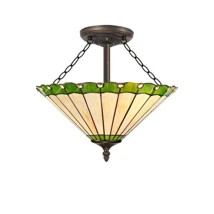 Nelson Lighting NLK02559 Umbrian 3 Light Semi Ceiling With 40cm Tiffany Shade Green/Chrome/Antique Brass