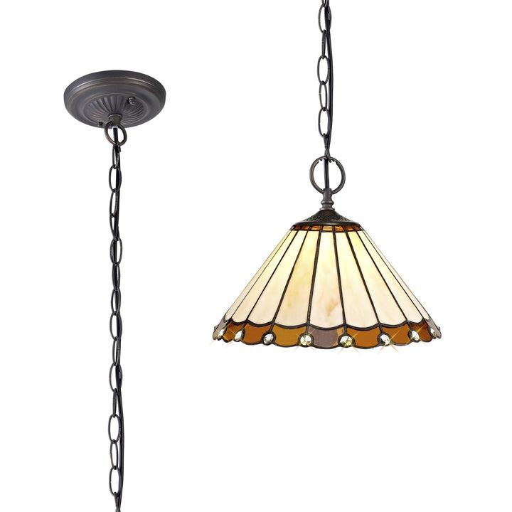 Nelson Lighting NLK02659 Umbrian 2 Light Down Lighter Pendant With 30cm Tiffany Shade Amber/Chrome/Crystal/Brass