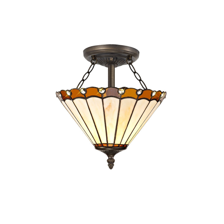 Nelson Lighting NLK02679 Umbrian 2 Light Semi Ceiling With 30cm Tiffany Shade Amber/Chrome/Antique Brass