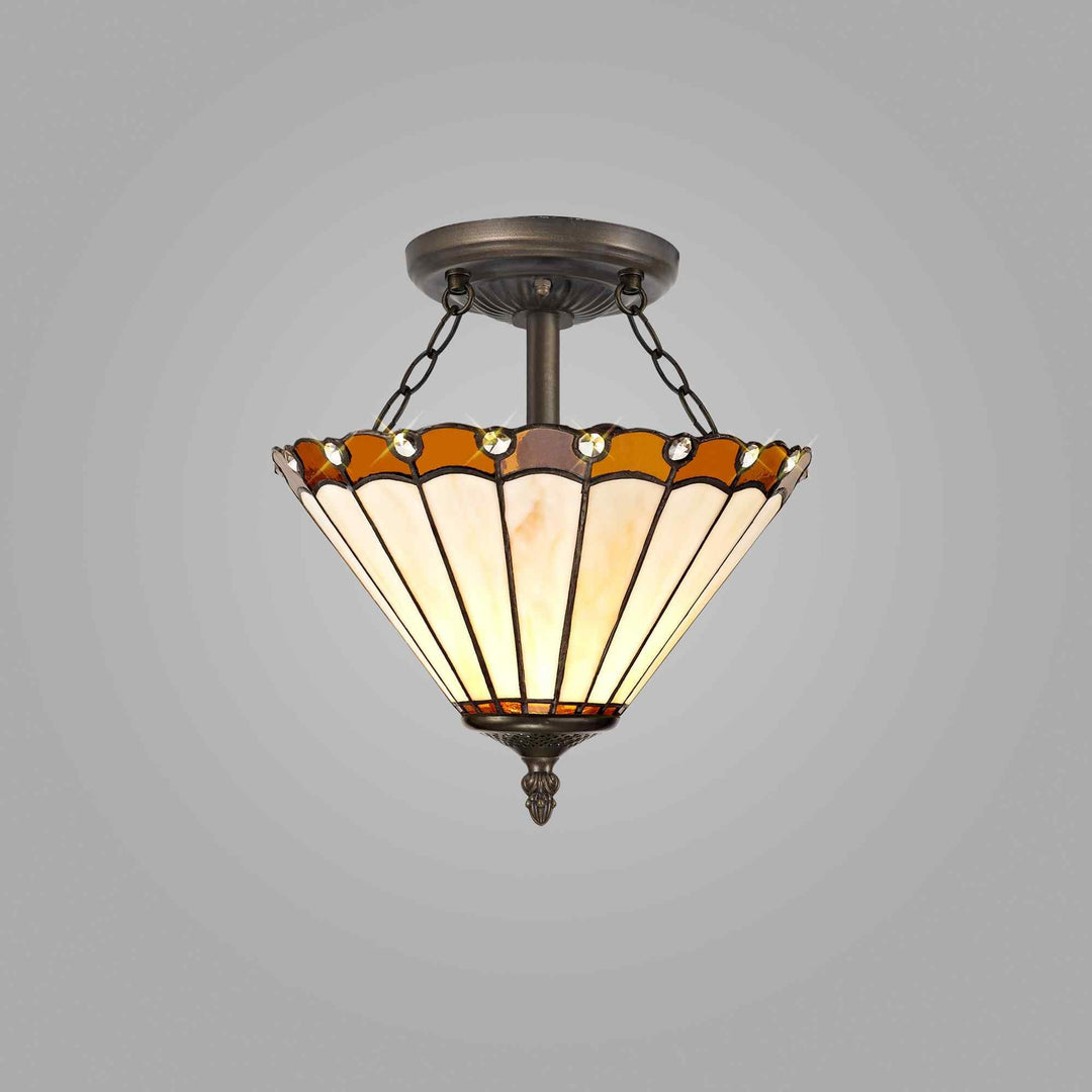 Nelson Lighting NLK02679 Umbrian 2 Light Semi Ceiling With 30cm Tiffany Shade Amber/Chrome/Antique Brass