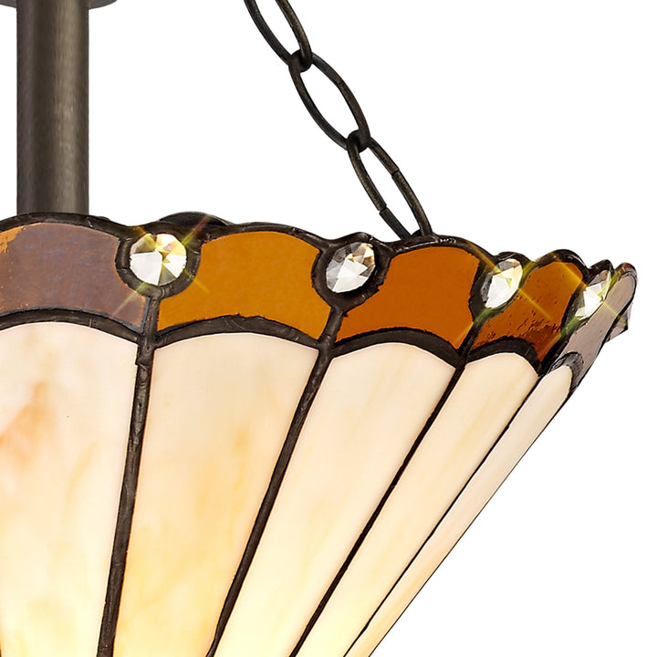 Nelson Lighting NLK02679 Umbrian 2 Light Semi Ceiling With 30cm Tiffany Shade Amber/Chrome/Antique Brass