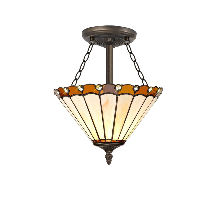 Nelson Lighting NLK02689 Umbrian 3 Light Semi Ceiling With 30cm Tiffany Shade Amber/Chrome/Antique Brass