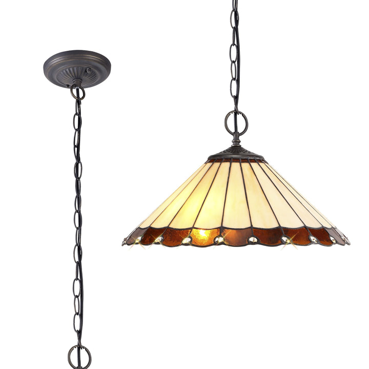 Nelson Lighting NLK02759 Umbrian 2 Light Down Lighter Pendant With 40cm Tiffany Shade Amber/Chrome/Crystal/Brass