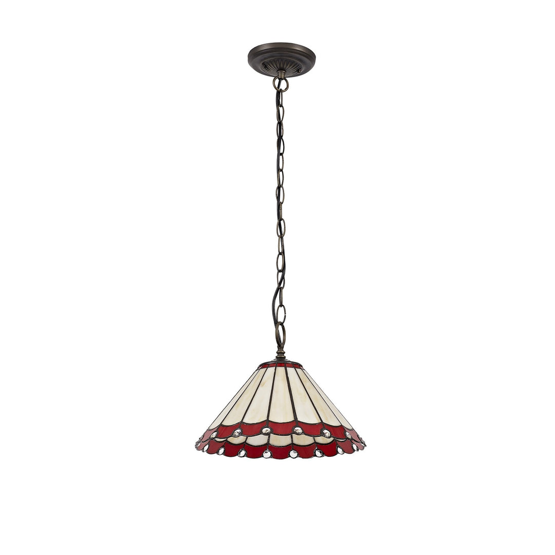 Nelson Lighting NLK02869 Umbrian 1 Light Down Lighter Pendant With 30cm Tiffany Shade Red/Chrome/Antique Brass