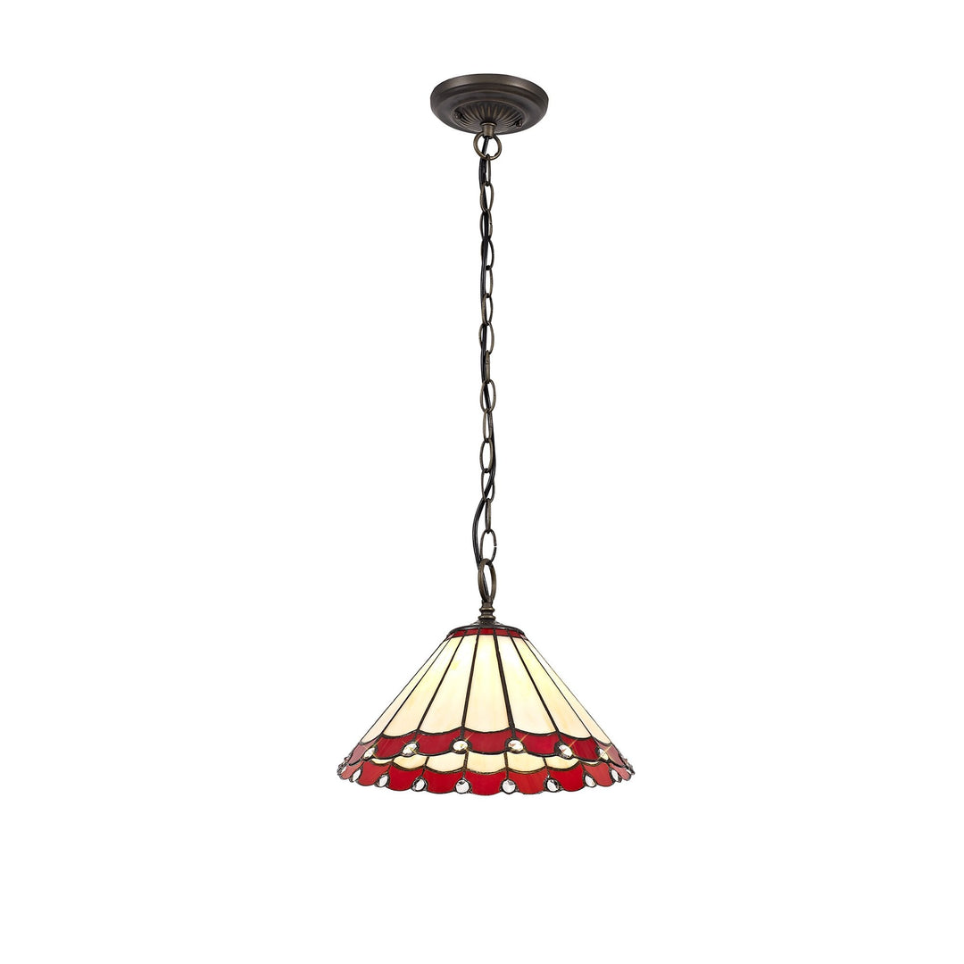 Nelson Lighting NLK02869 Umbrian 1 Light Down Lighter Pendant With 30cm Tiffany Shade Red/Chrome/Antique Brass