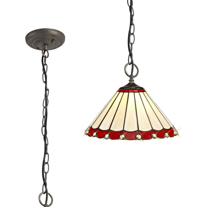 Nelson Lighting NLK02889 Umbrian 3 Light Down Lighter Pendant With 30cm Tiffany Shade Red/Chrome/Antique Brass